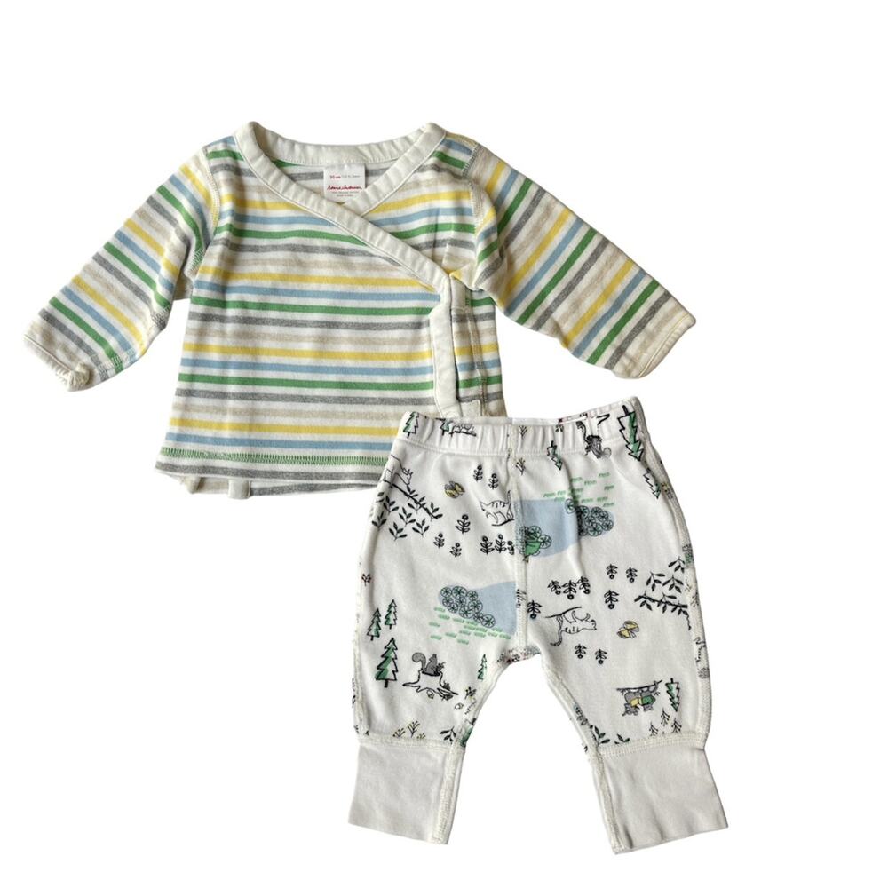 Hanna Andersson White Top & Pants Pajama Set with Yellow, Green, Blue Stripes